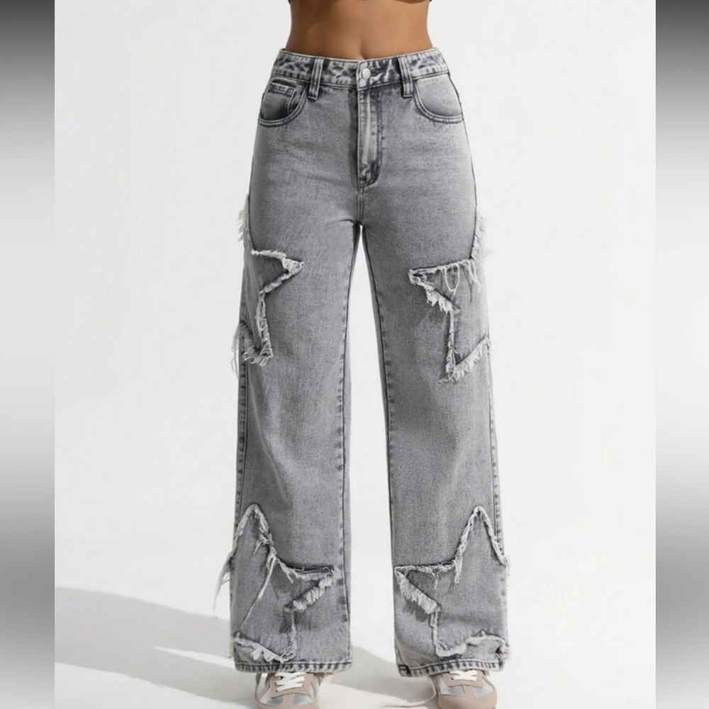 Star Patchwork jeans mineral acid wash black Gray Star Patterned Women's Jeans